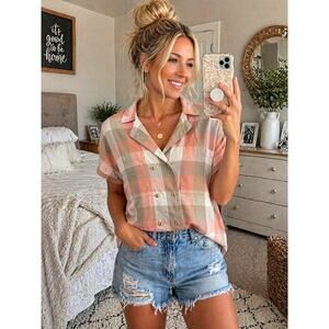Pink Tan Plaid Cotton Linen Blouse Lightweight Button Front Size 8